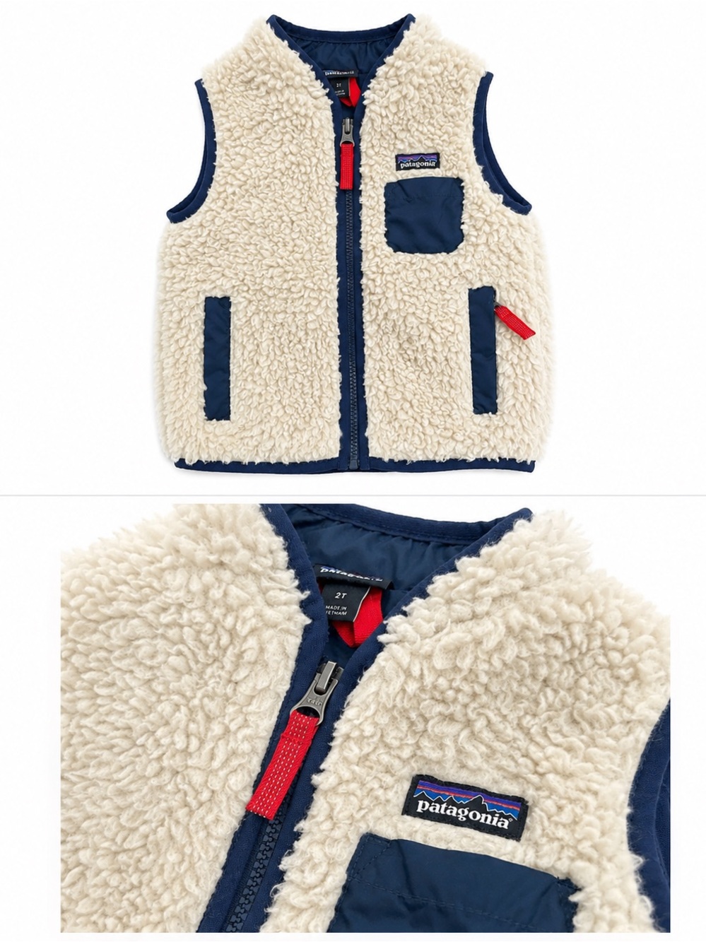 Patagonia Kids Retro-X Sherpa Fleece Vest Cream Navy Full Zip Size 2T - Picture 2 of 2